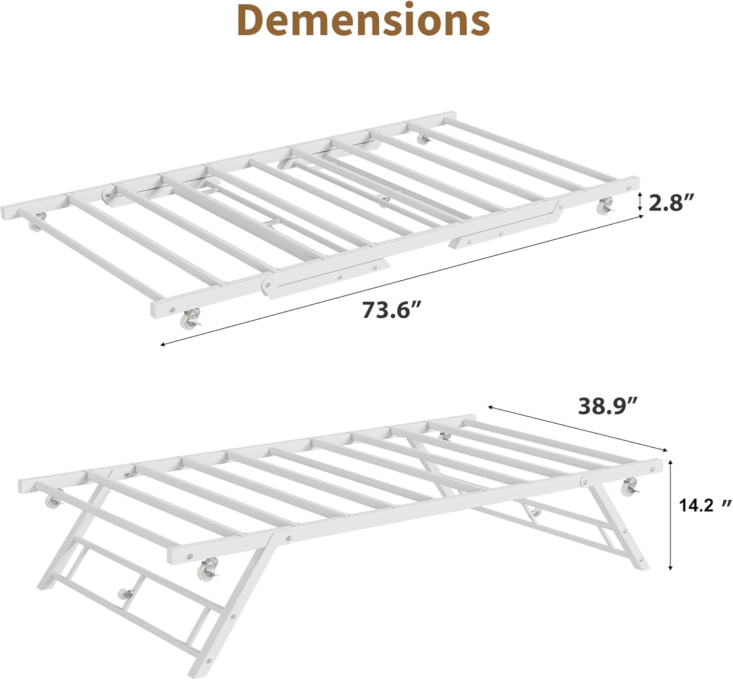 IDEALHOUSE Twin Pop Up Trundle Bed Frame,Trundle Day Bed with Lockable Casters,Foldable Metal Platform,White