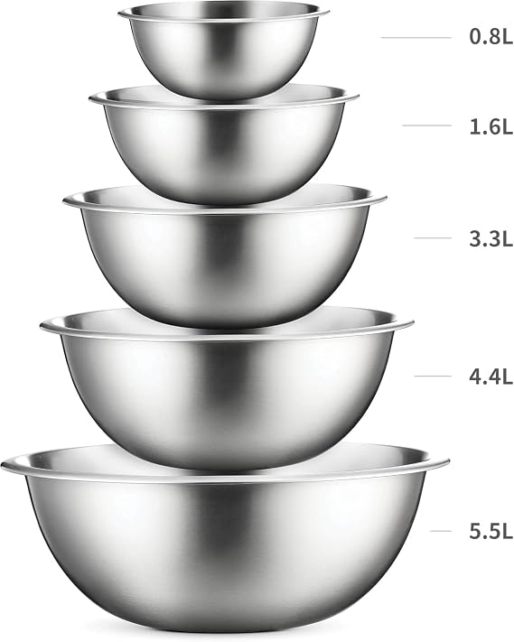 Mixing Bowls Set, Easy-Grip, Stainless Steel Mixing Bowls for Baking, Cooking, Salad & Food Prep - Large, Medium and Small Metal Nesting Bowls (5, Stainless Steel)