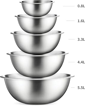 Mixing Bowls Set, Easy-Grip, Stainless Steel Mixing Bowls for Baking, Cooking, Salad & Food Prep - Large, Medium and Small Metal Nesting Bowls (5, Stainless Steel)