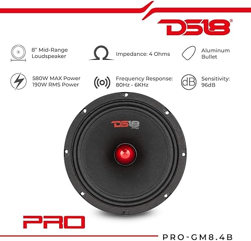Miniatura 2 de DS18 2 altavoces PRO-GM8.4B - 8 pulgadas, rango medio, bala de aluminio roja, 580 W máximo, 4 ohmios, 1.5 pulgadas, altavoces de audio Kapton VC de