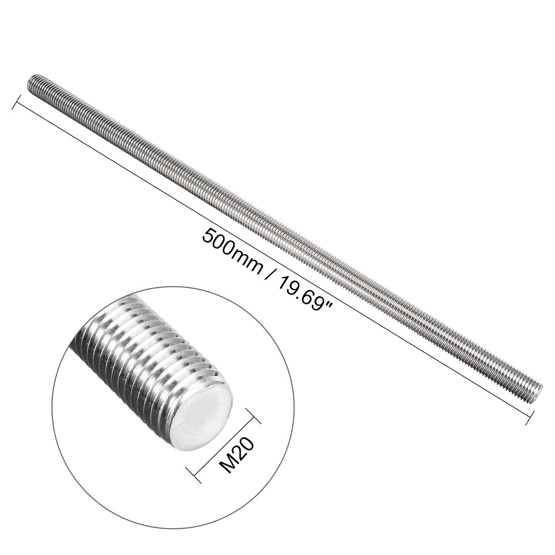 uxcell M20 x 500mm Fully Threaded Rod, 304 Stainless Steel, Right Hand Threads