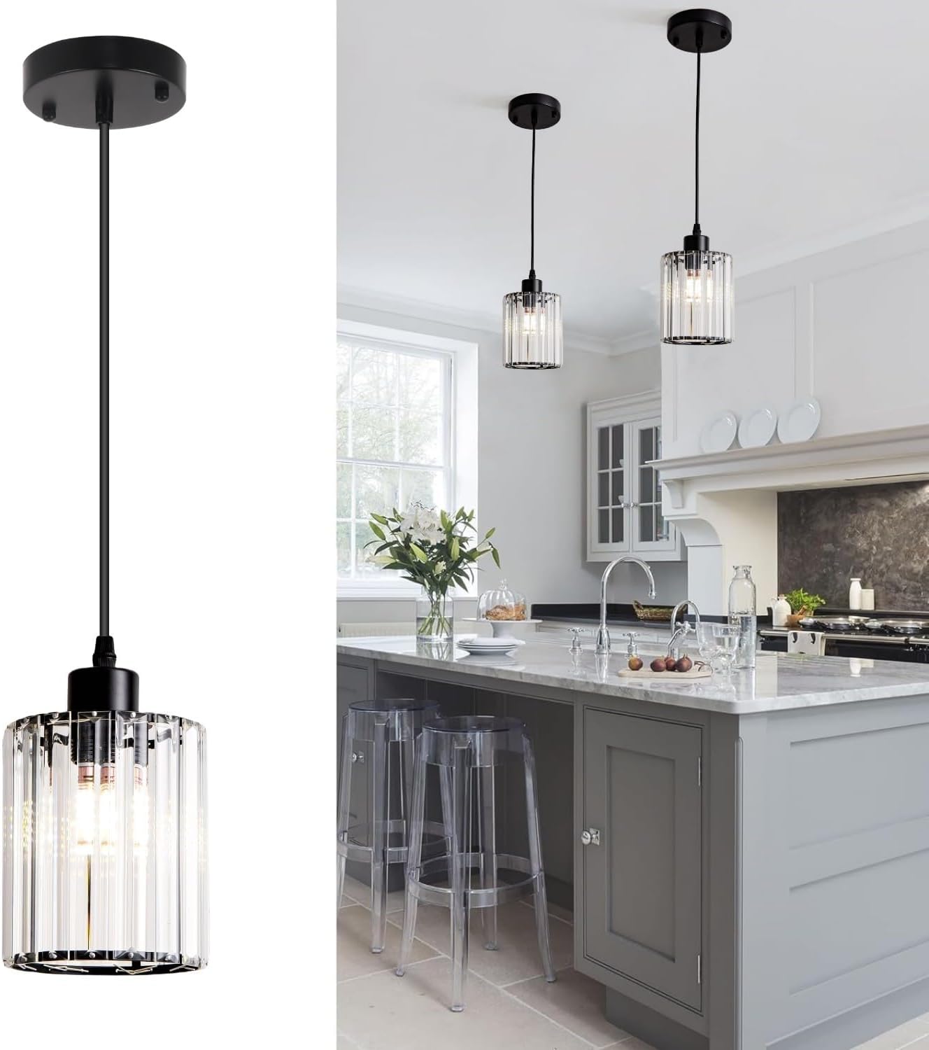 Black Pendant Lighting 2 Pack Modern Crystal Mini Chandeliers Vintage Rustic Farmhouse Pendant Lights for Kitchen Island Dining Room Bedroom