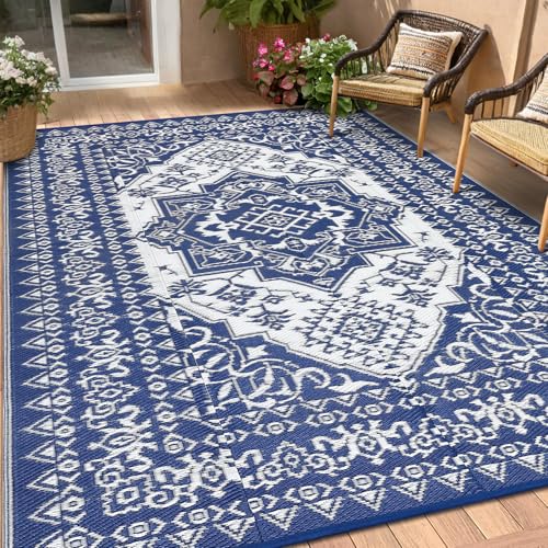 Garvee Outdoor Rugs 10x20 Patio Waterproof Straw Plastic Large Reversible Mat Vintage Medallion Camping Rug with 4 Stakes Portable Outdoor Area Rug for Porch Deck Rv Balcony Backyard Beach,