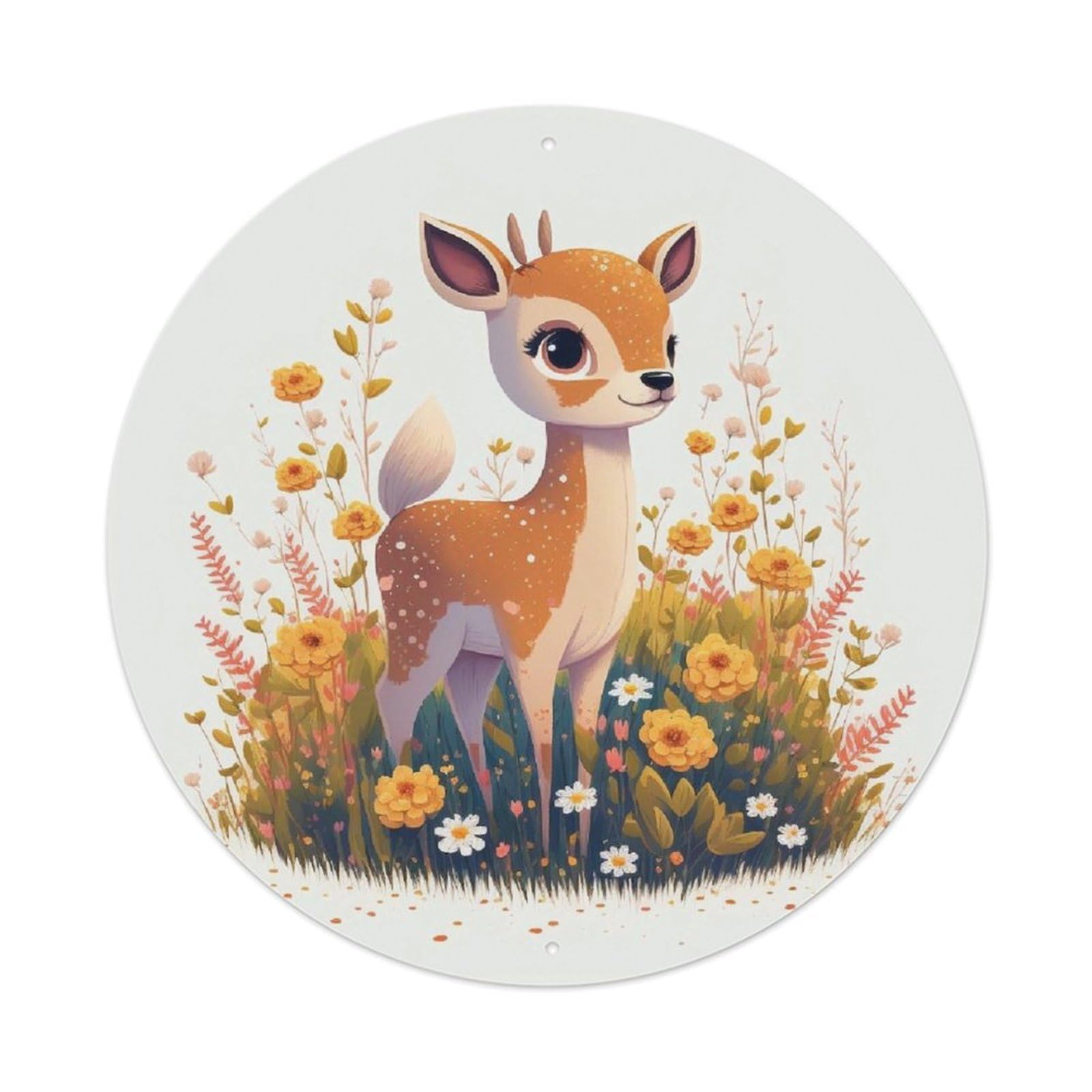 Cute Fawn Deer Garden Flowers Cartoon Animal Metal Tin Sign