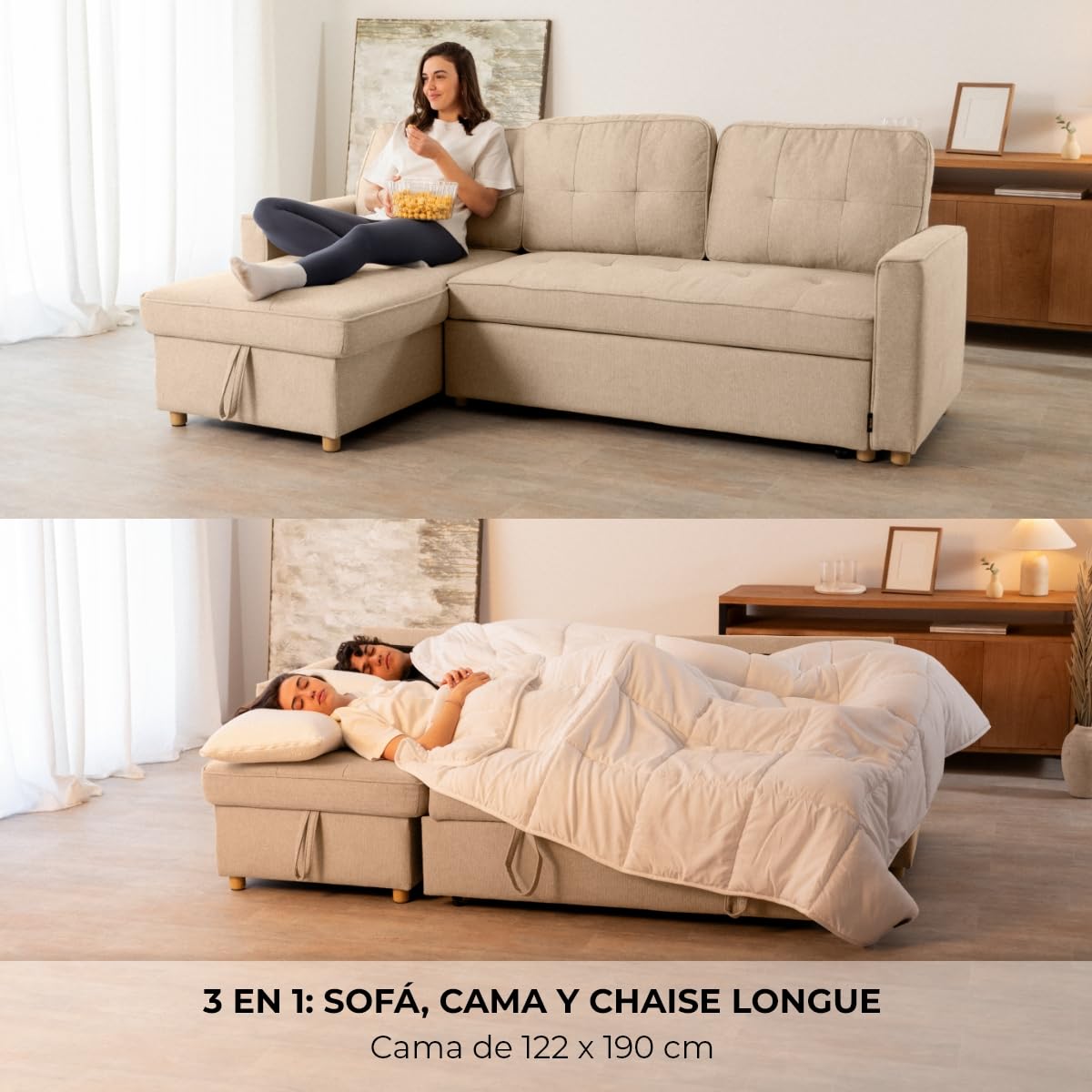 Nalui - Sofa Cama Chaise Longue Haven 213x129x81cm Reversible con Arcón de 127,6L. Sofa de Salon 3 Plazas Convertible en Cama de 122 x 190 cm. Incluye Bolsillos y Tejido 360º, Beige