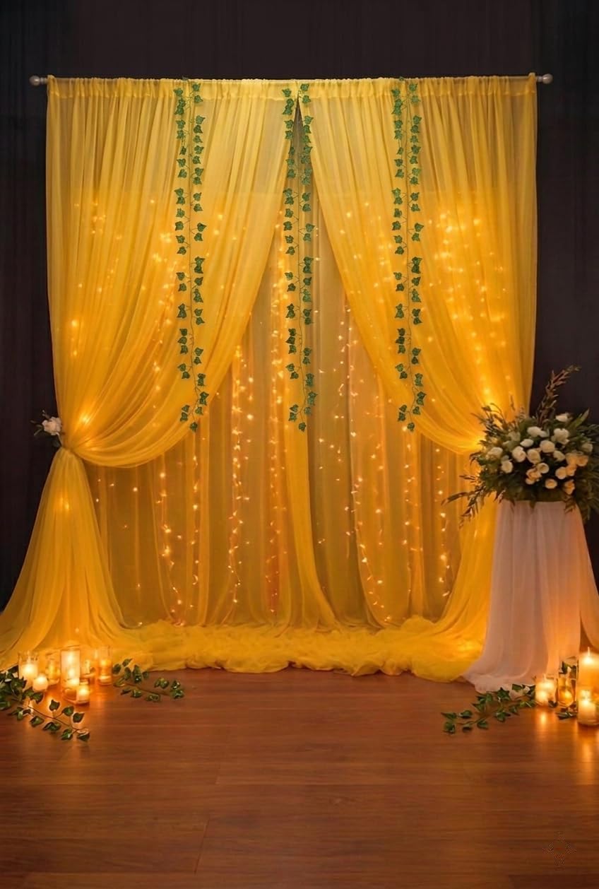 yellow Net Curtain for Decoration with Fairy Lights (9m), yellow Canopy Tent for ganpati Decorations, Birthday Backdrop for Decoration, Backdrop Decorations(7pcs)-image-30