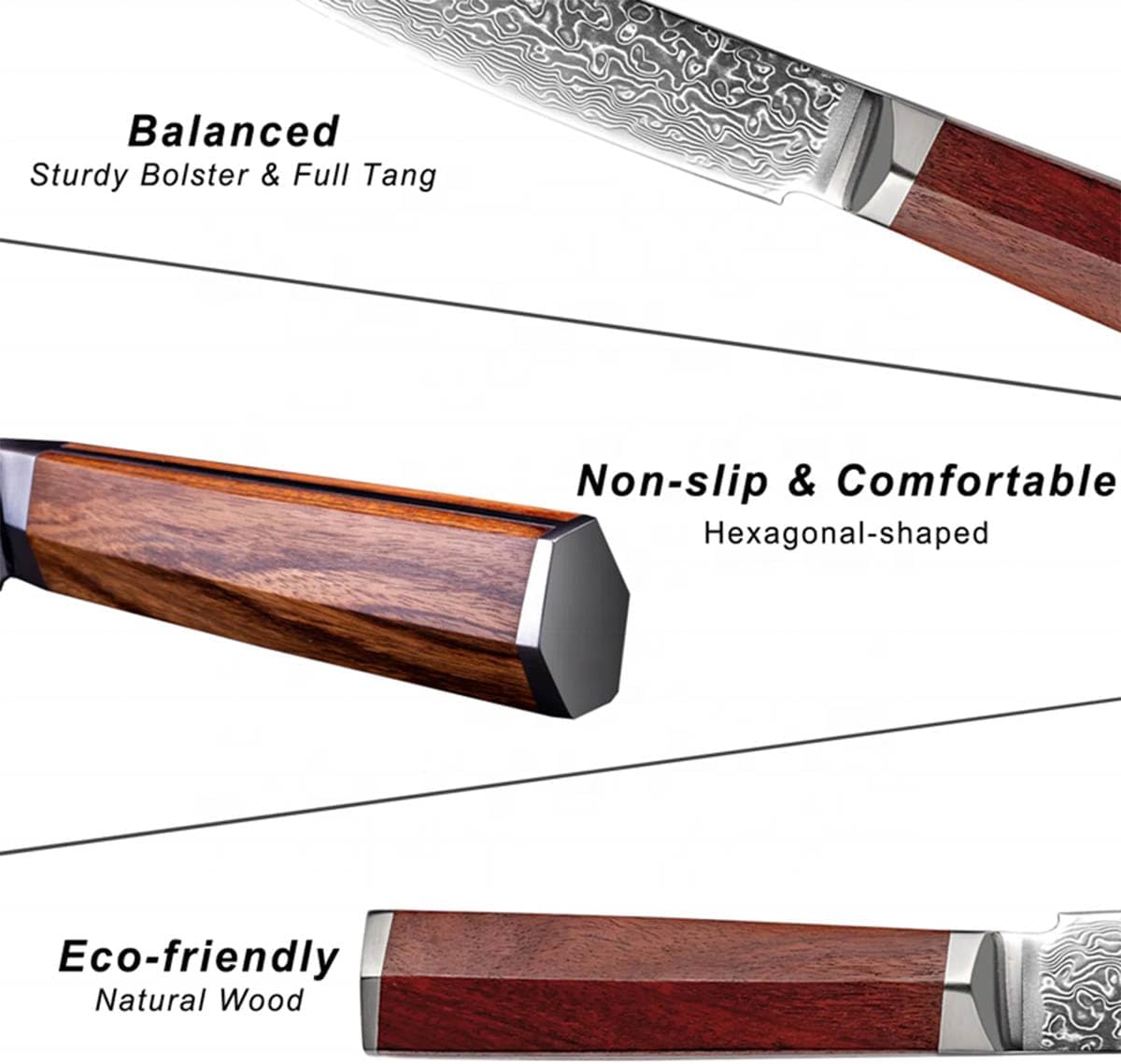Damascus Steak Knives Set of 6,Damascus VG10 Steel and Wooden Steak Knife Set,Sharp Non-Serrated Edge,Natural Wood Handle - Ideal for Table Dinners and Fruit Pairing