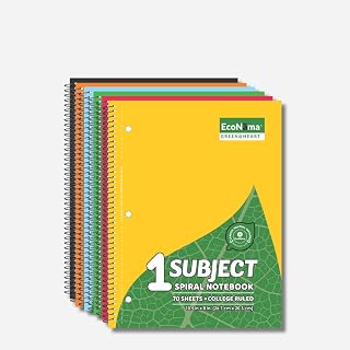 ECONAMA Subject Book Spiral Notebook Pack of 6 College Ruled 140 Pages (70 Sheets) 8" × 10.5" Perforated Carbon Neutral 3-Hole Punched Eco-Friendly School & Office Supply Assorted Colors