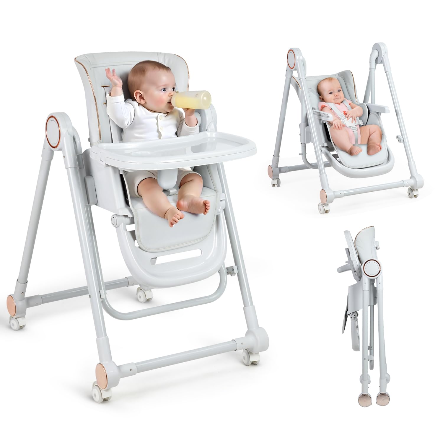 Baby High Chair for Babies & Toddlers, Height Adjustable Removable Double Tray, Portable Baby Dinning Chair with Wheels