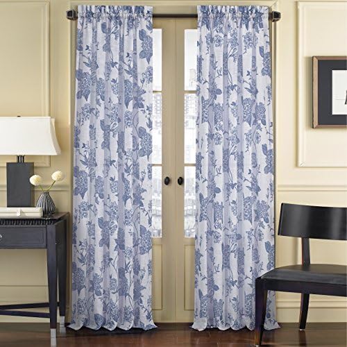 Five Queens Court April Floral Toile Print Sheer Curtain Window Panel, 50x84, Blue