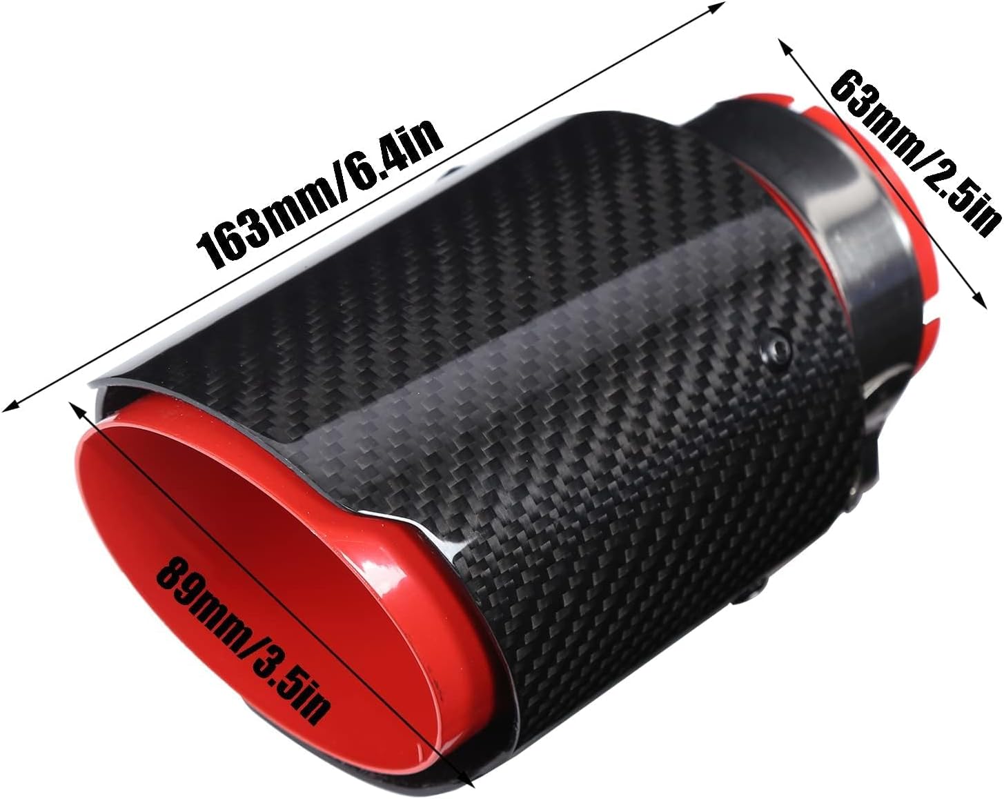 163Mm/6.4In Car Tail Throat, Universal Exhaust Tip Tail Throat Glossy Carbon Fiber Red Pipe Straight 63Mm/2.5In Inlet 89Mm/3.5In