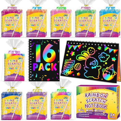 Party Favors for Kids 4-8-12: 16 Pack Scratch Rainbow Art Crafts Notebook, Coloring Book Goodie Bags Stuffers Kit, Bulk Birthday Gift Classroom Prizes Girl Boy Toddler
