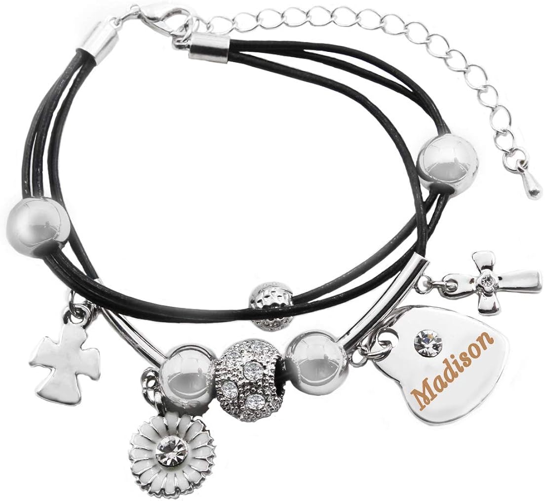Kigu Madison Name Bracelet - Genuine Leather Multi Strand Bracelet & 18K White Gold Plated Engraved Heart Charm