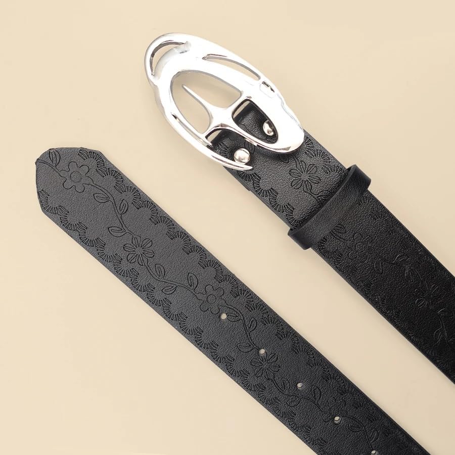 Y2K Belt Distressed Black PU Leather Moon‑Star Buckle – Vintage Gothic Silver Fashion Belt for Womens - 100cm Y2K Accessories4