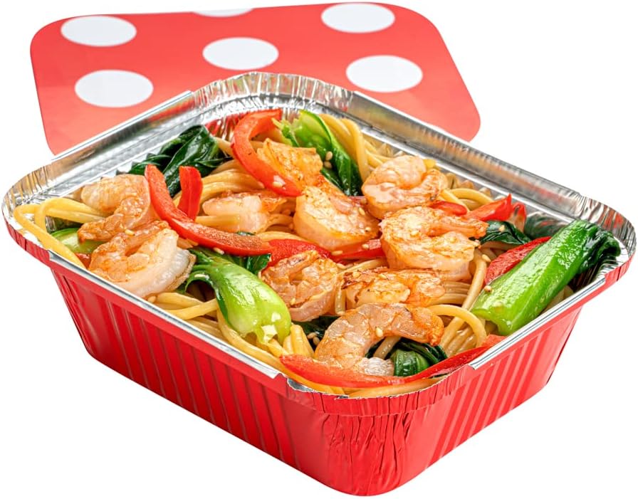 Restaurantware 12 Ounce Disposable Takeout Containers 50 Rectangle Food Containers - With Polka Dot Lids Red Takeaway Containers Aluminum Delivery Containers Freezable