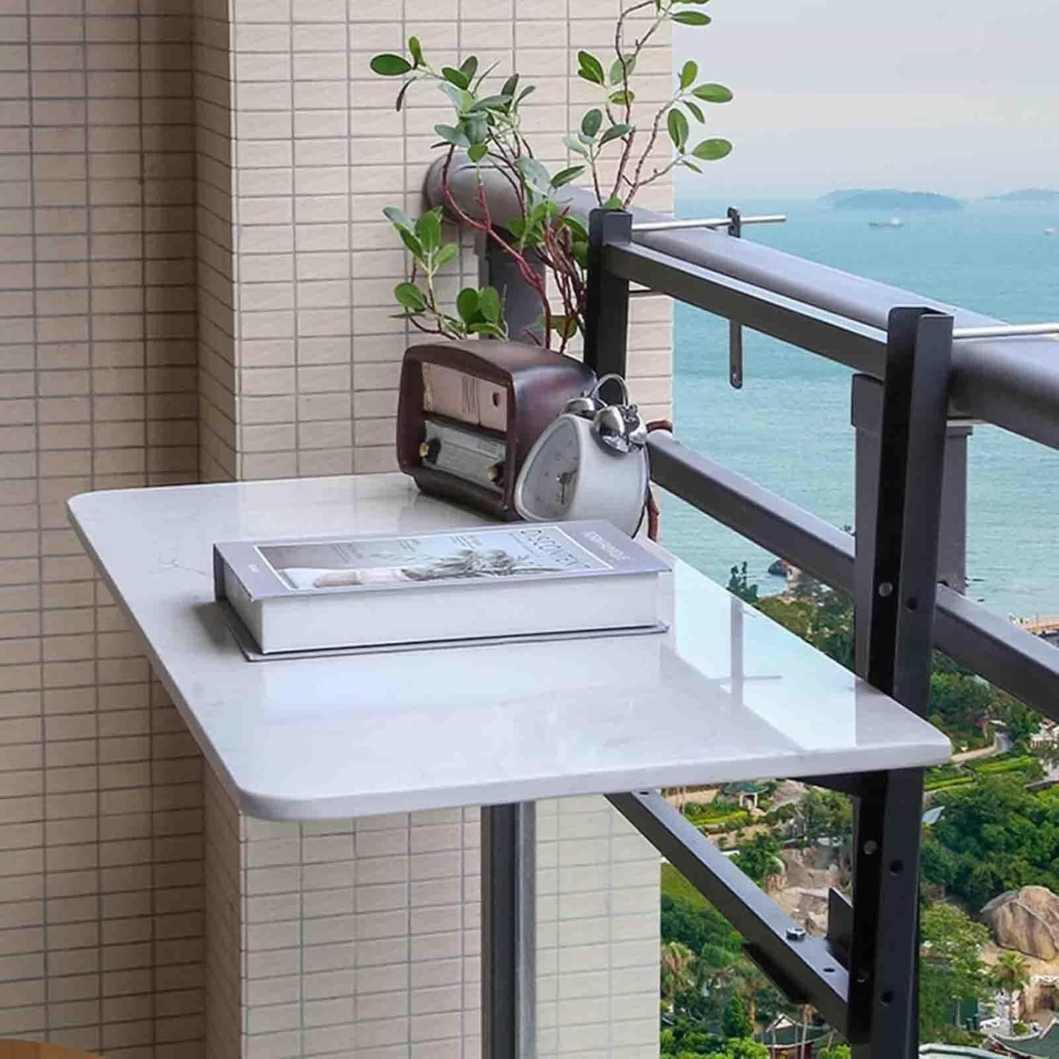 Balcony Table Outdoor Patio Bar Table for Railings, Folding Adjustable Hanging Side Table, Wall-Mounted 120×35cm(White Stand,60 * 35cm)