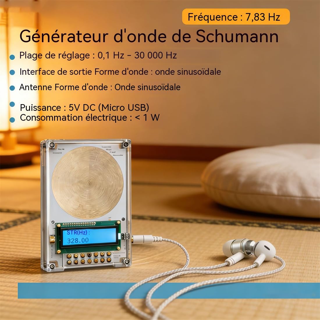 Générateur de Fréquences 7,83 Hz Onde Sinusoïdale Pure Réglable 0,01 Hz à 200 kHz Portable avec Écran USB