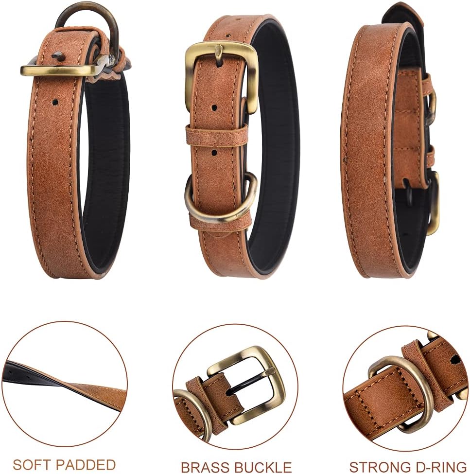 Classic Brown Leather Dog Collar for Small Medium Large Dogs Padded Soft and Strong Adjustable Pet Collars Heavy Duty Dog Collar : Pet Supplies