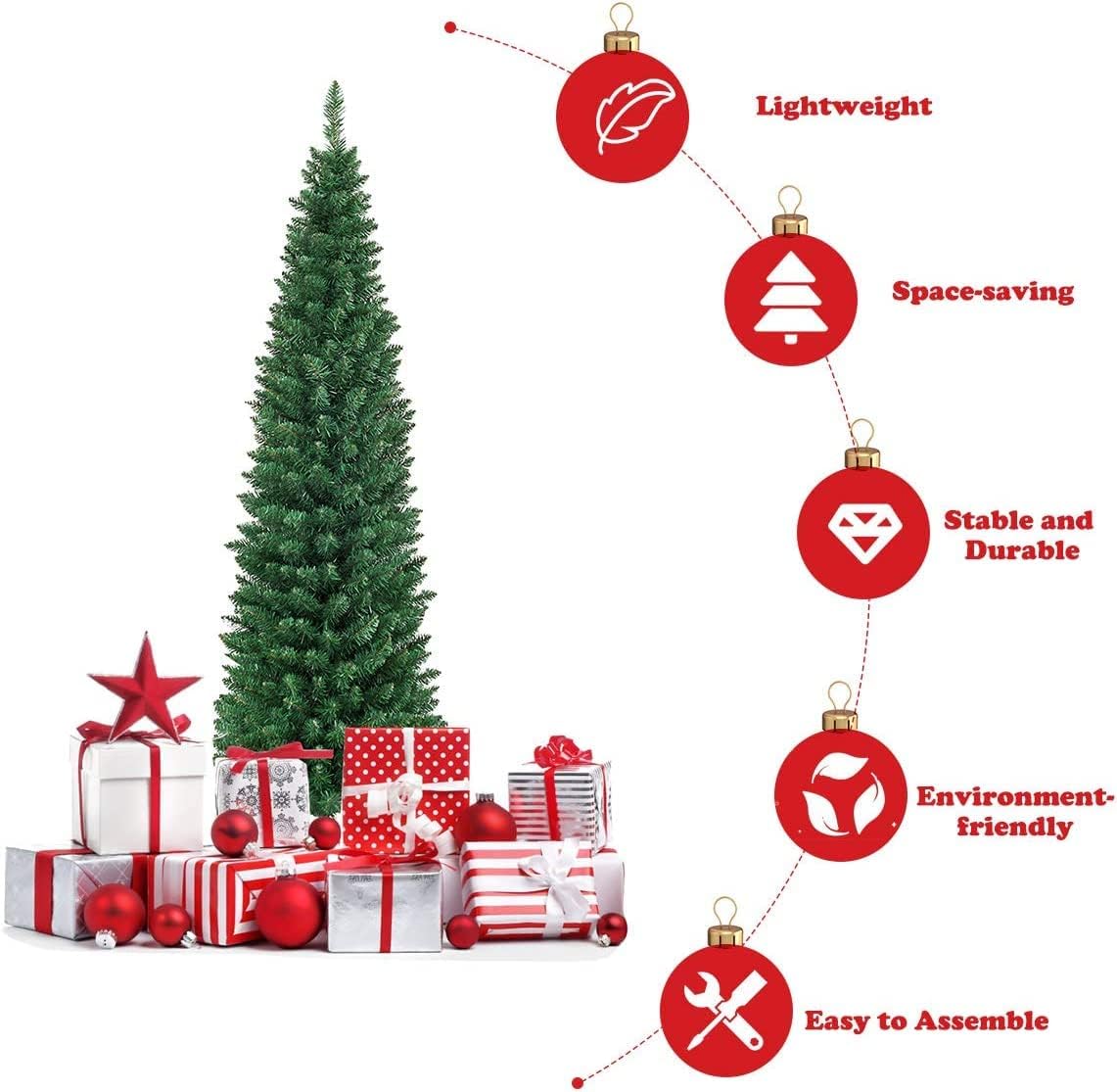ERGOMASTER 6FT Pencil Christmas Tree, Artificial Slim Skinny Pen Xmas Tree w/PVC 400 Branch Tips, Foldable Sturdy Metal Stand, Premium Unlit Christmas Trees for Home Party Hotels Office Decoration