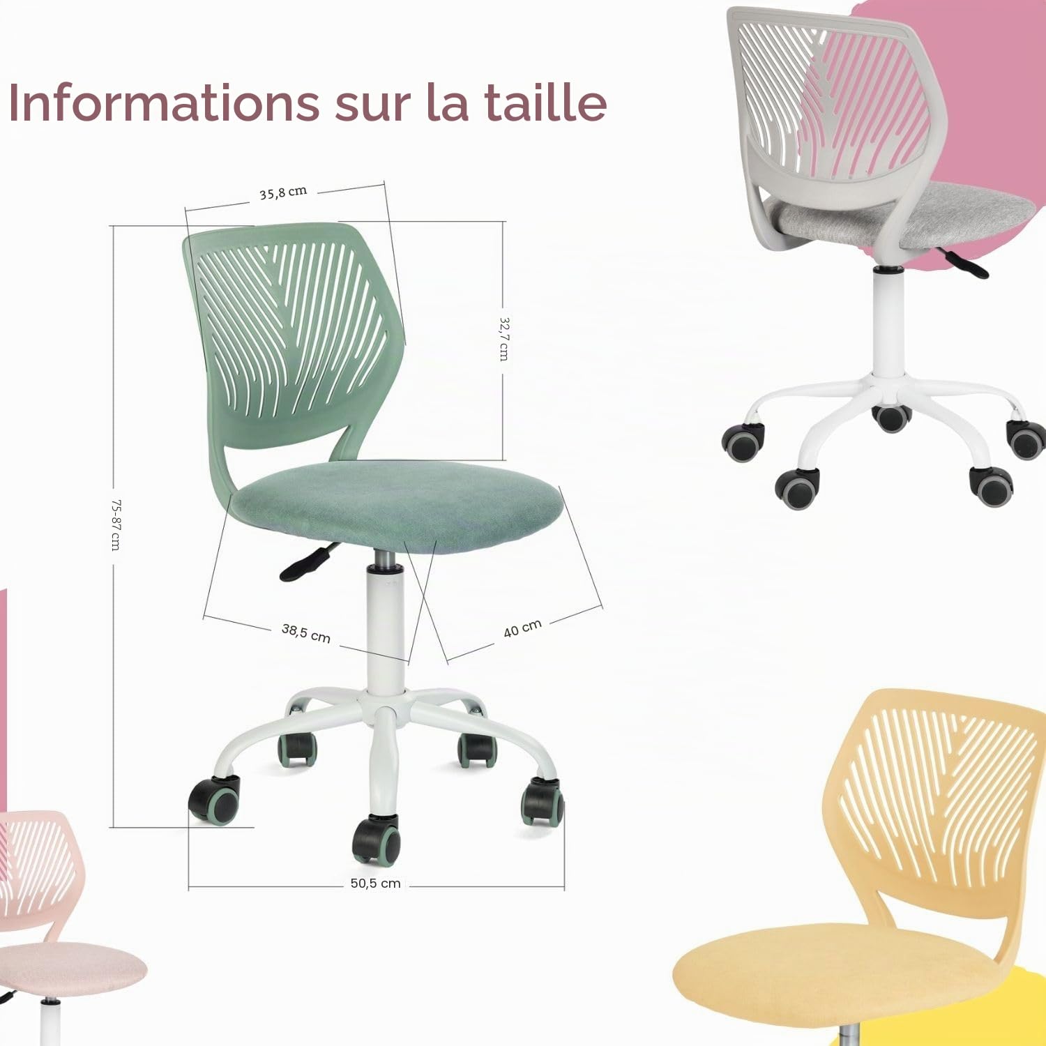 FurnitureR Chaise de Bureau réglable en Hauteur - Ergonomique et colorée - avec Dossier et accoudoirs - 5 Roues - pour Enfants de 3 à 10 Ans - Charge maximale : 100 kg