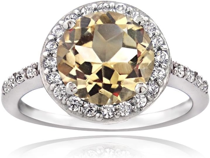 Ice Gems Sterling Silver Citrine and Cubic Zirconia Round Halo Ring