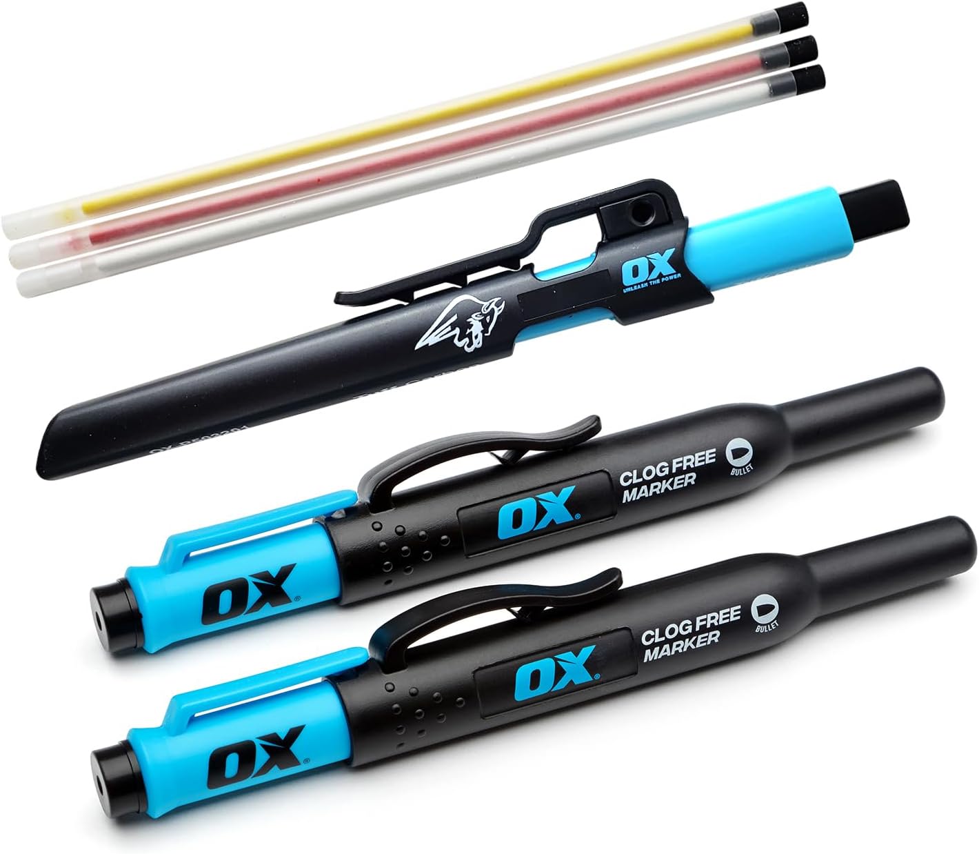 OX Tools Construction Marking Pencil Set – Clog-Free Marker 2-Pack with Holster + Pro Tuff Mechanical Pencil with 4 Leads, Holder & Sharpener – Ideal for Wood, Framing & Jobsite Use