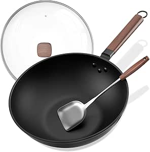 Eleulife Carbon Steel Wok 13 Inch with Lid and Spatula