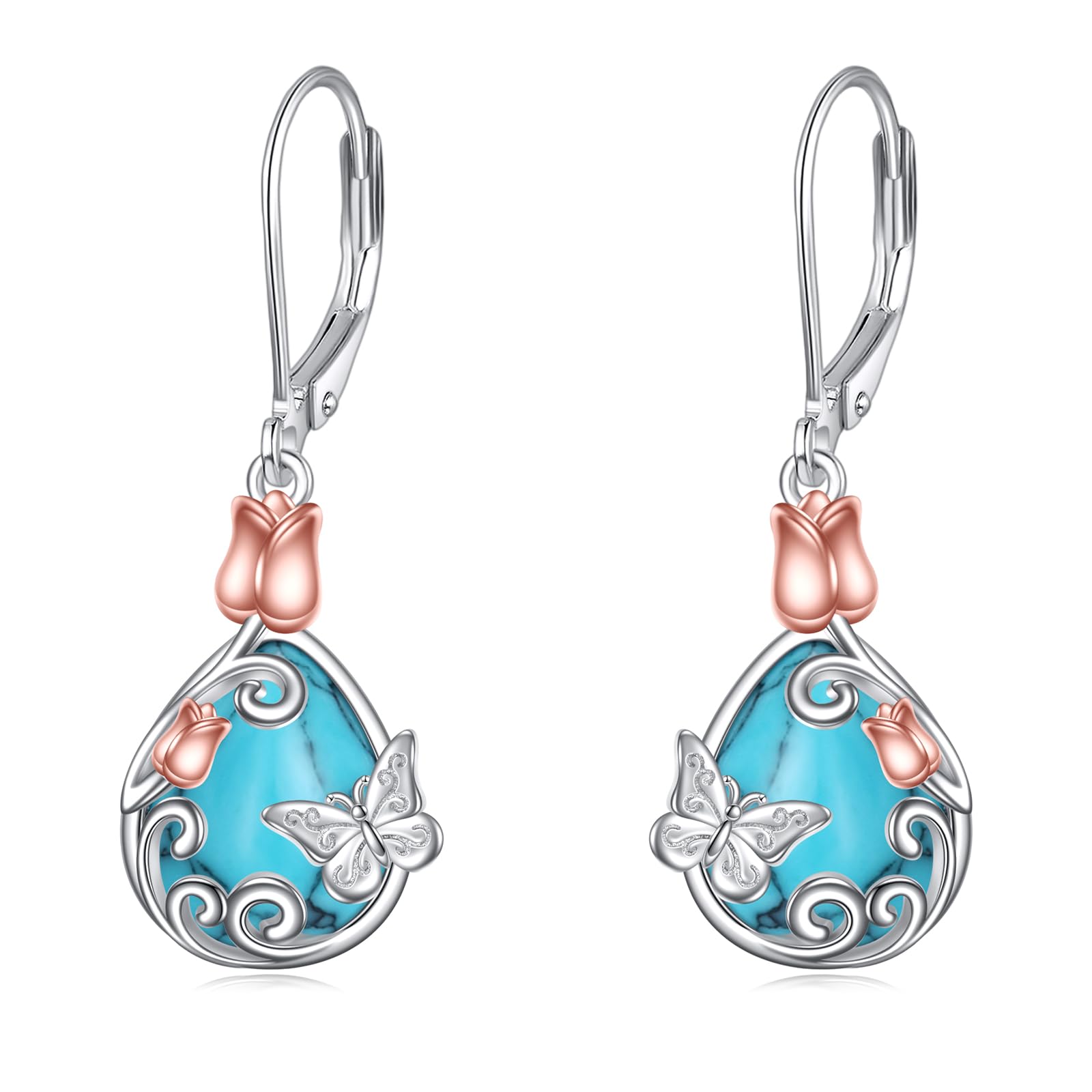 AOBOCOButterfly/Dragonfly/Bee Leverback Earrings 925 Sterling Silver Rose Lotus Tulip Flower Filigree Dangle Earrings Teardrop Moonstone Larimar Turquoise Abalone Shell Jewelry Birthday Gifts for Women