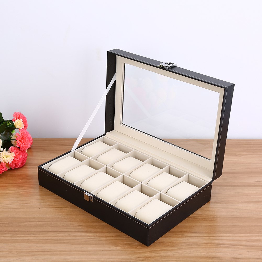 Caja para relojes con tapa, estuche para 12 relojes, estuche para relojes de piel sintética para hombre – negro, 30,2 x 12,2 x 8 cm