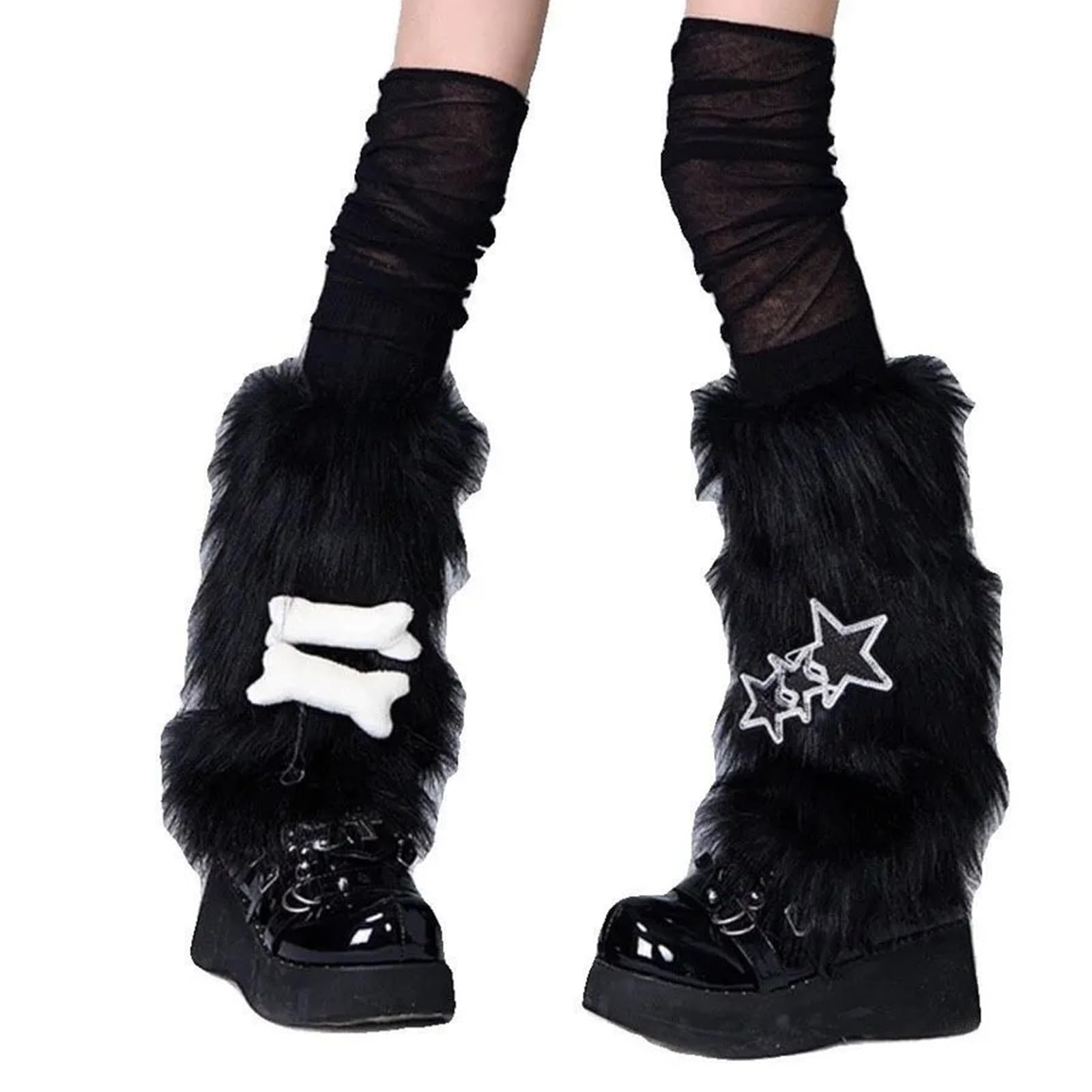 Calentadores de piernas de felpa peludos para mujer, trajes de invierno, lindos lazos, estrellas, fundas para botas mullidas, para fiesta de Navidad, calcetines, fundas de botas de felpa