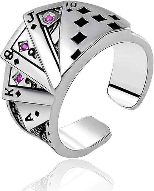 Fidget Ring, Anxiety Rings for Women, Adjustable Vintage Punk Rings Silver Poker Card Rings for Women & Men,Stress Relief Thumb Ring Spinner Rings