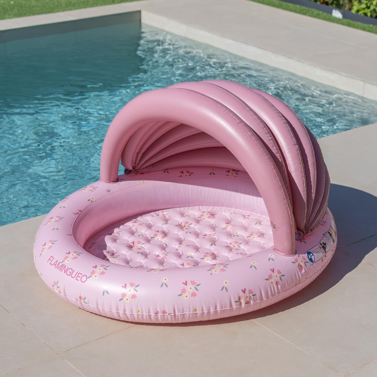 Flamingueo Mini Piscina Infantil - con Toldo para el Sol - para Playa y Jardín - PVC Resistente - Válvula Drenaje - 120 x 110 x 65 cm - Rosa