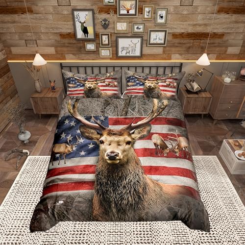 Wild Deer Boys Duvet Cover Queen Size, Rustic Animal Deer Antler Tree Branch Nature Bedding Set for Men Adult, Stripes Red Blue USA Flag Print Polyester Quilt Cover with 2 Pillowcases (No Comforter)