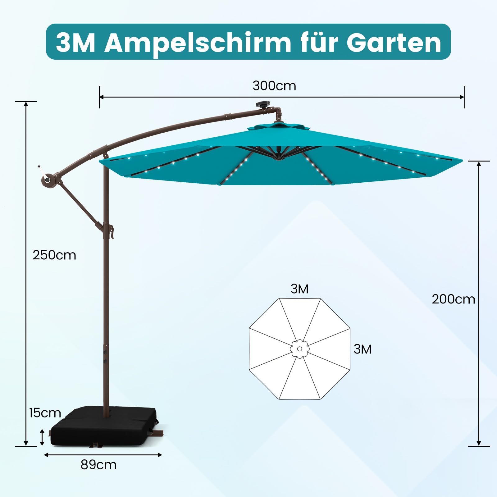 COSTWAY Parasol przeciwsłoneczny z workiem na piasek, 300 cm, z 40 solarnymi diodami LED i korbą, parasol ogrodowy, ochrona przed promieniowaniem UV, parasol na taras, do ogrodu, na basen, taras