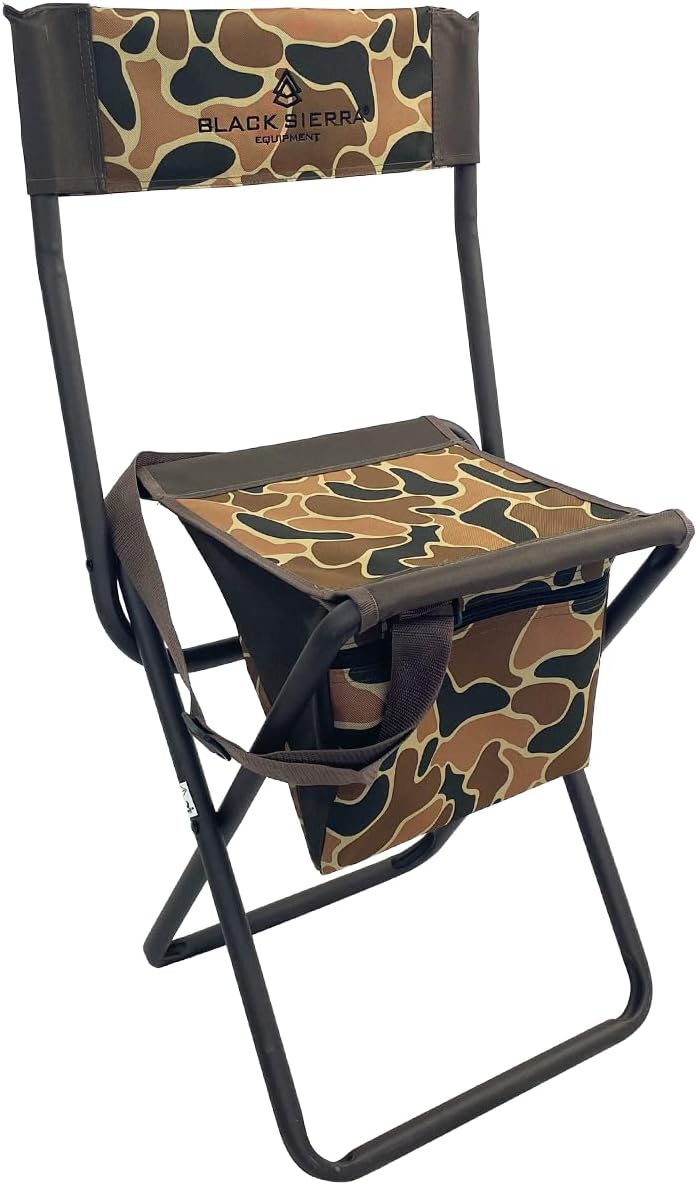 Black Sierra Folding Hunting Stool w/Under Seat Storage Pouch and Carry Strap, Lightweight Portable Hunt Chair w/Backrest, Heavy-Duty Steel Frame Supports 250 LBS, for Hunting, Fishing (OG Camo)