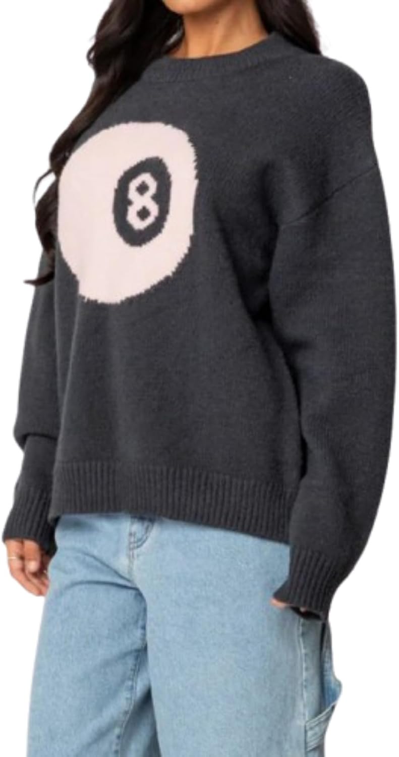 Y2k Sweater Oversized Number Print Hoodie Long Sleeve Pullove Fall Winter Ribbed Knit Sweater Vintage Streetwear