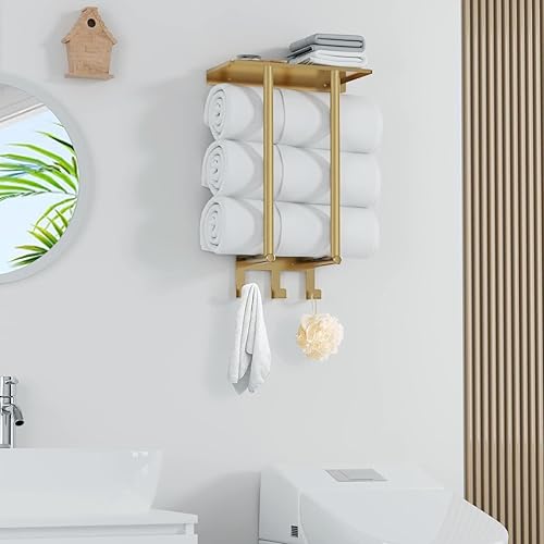 Miniatura 6 de Toallero con estante de metal y 3 ganchos, Toalleros Bethom para baño montados en la pared, soporte de toalla de baño de metal dorado para pared