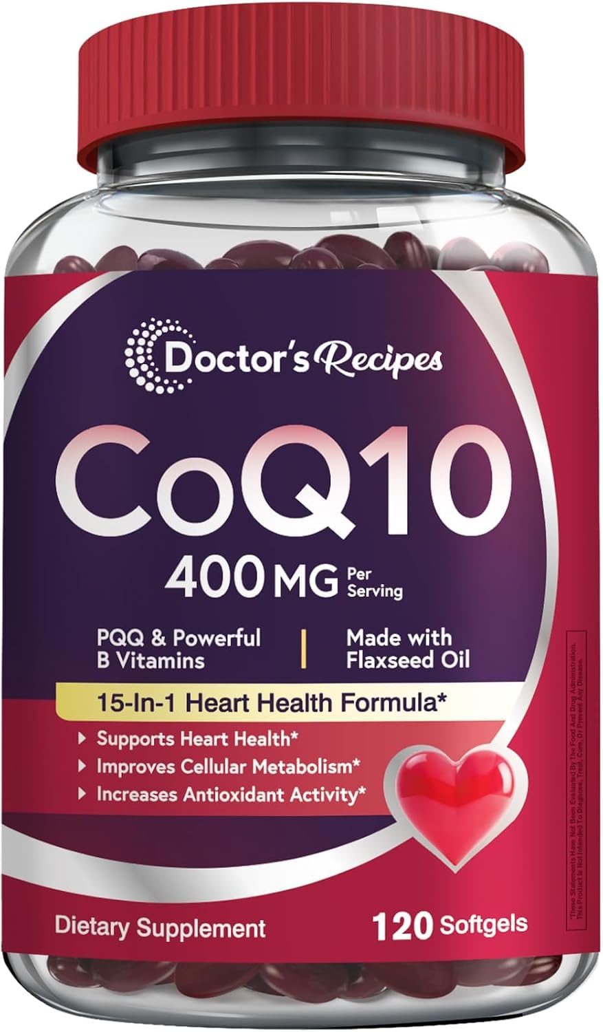 Doctor's Recipes Coq10 400mg Softgels, Ubiquinone with PQQ, Niacin, Vitamin K2 D3 B6 B12, Folate, High Absorption, Powerful-Antioxidant, Support Heart & Energy-Production, 120gels, 2 Month Supply