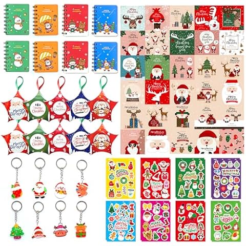 Lianxuia 72 Pcs Christmas Party Favors Set, Xmas Party Gifts for Kids, Includes Mini Spiral Notebook, Stickers, Goodie Boxes, Keychain, Greeting Cards, for Kids Xmas Party Favors, Classroom Prizes Cover
