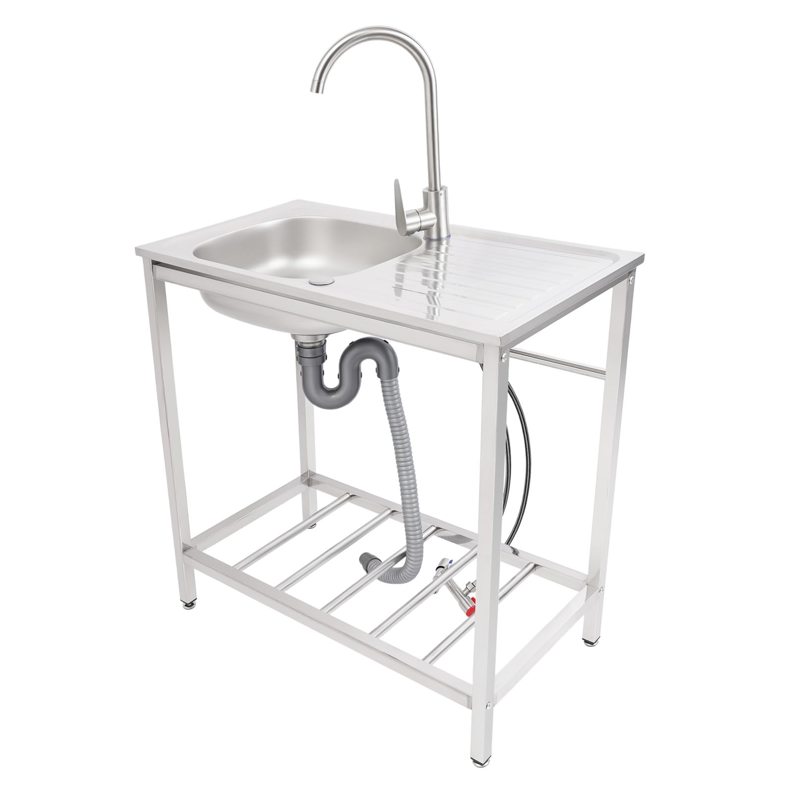Inox cocina fregadero lavadero garaje, fregadero independiente 1 bandeja con grifo giratorio 360°, agua caliente fría, sifón anti olor, demasiado lleno, carga 40 kg, instalación completa 75 x 40 x 75