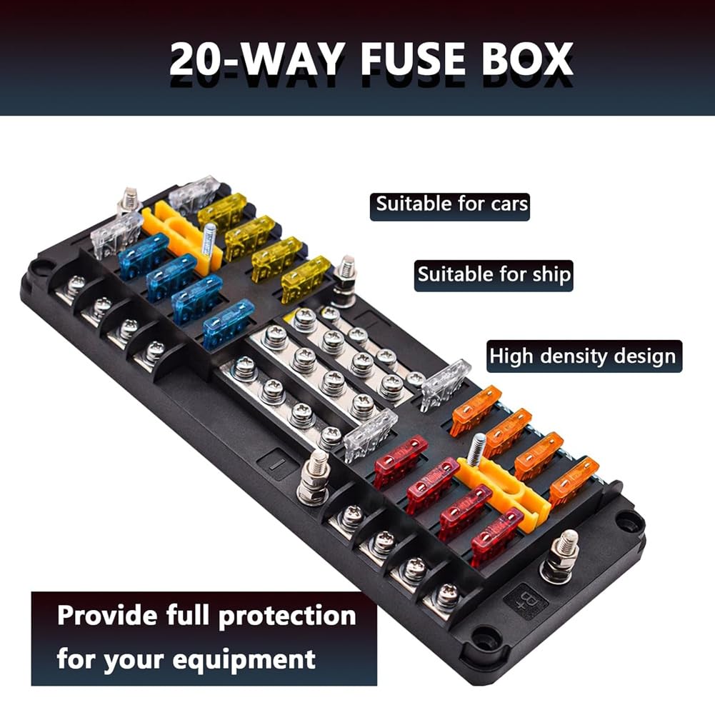 Bloc de Fusibles à Lame 20 Voies, Porte-Fusible 16 Circuits, Panneau SUB DC avec Terre et Couvercle pour Voiture, Bateau, Tricycle, Camion