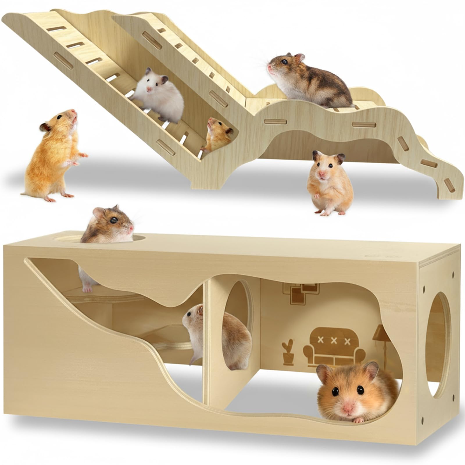 Hamsterversteck & Tunnel Set, 2-teiliges Holzhaus mit Kletterleiter, Erkundungsröhren & Beobachtungsschuppen für Syrische Hamster, Zwerghamster, Mäuse, Rennmäuse, Ratten und andere Kleintiere
