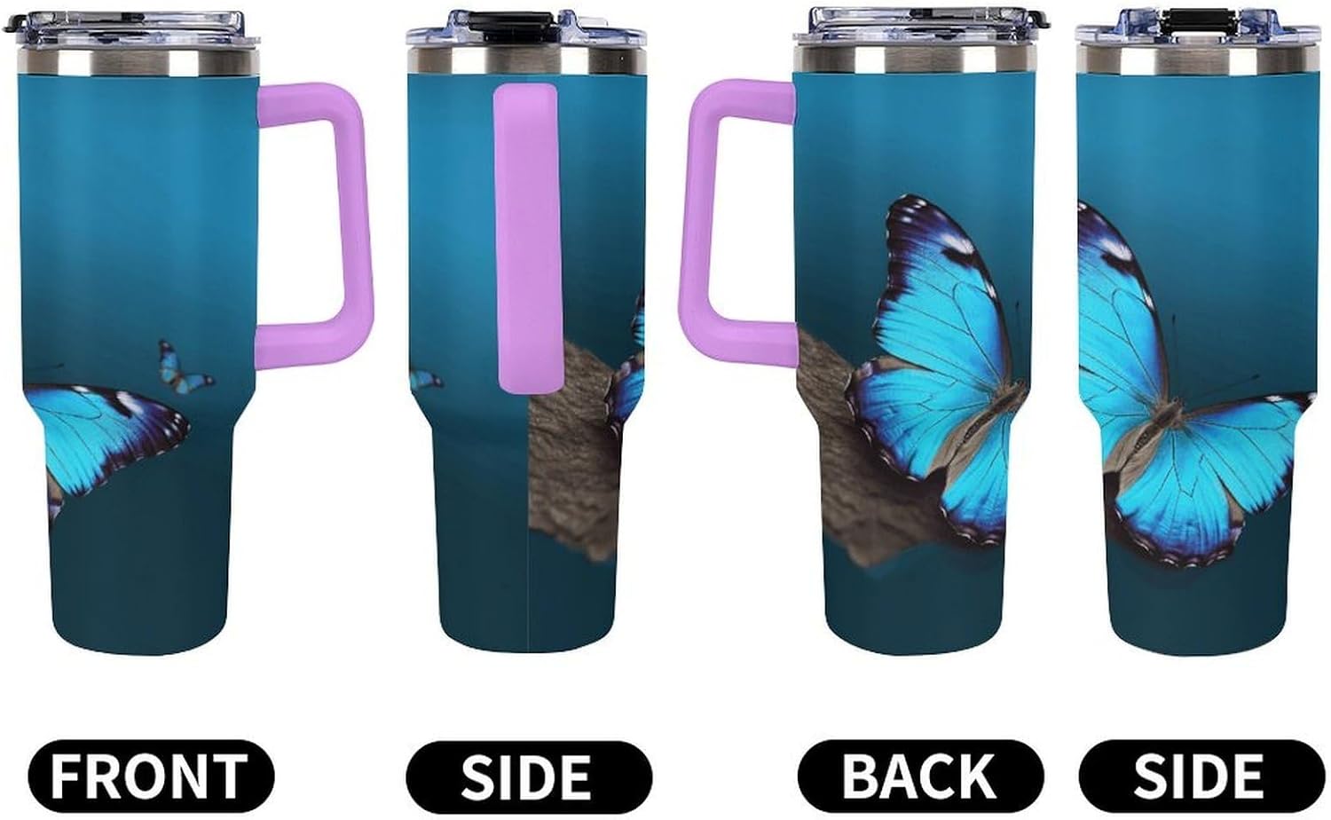 Beautiful Blue Butterfly Tumbler Stainless Steel Large Car Cup with Handle&Straw Lid Portable Coffee Cup Leak-proof Water Bottle Insulated Vacuum Travel Mug for Home Outdoor 40oz