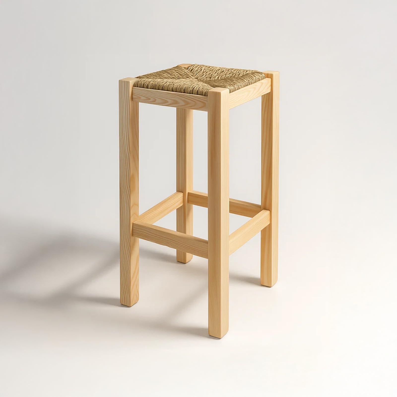 Taburete Rústico de Madera y Paja Növik – Estilo Nórdico Escandinavo – Banqueta Alta 70 cm y Baja 48,5 cm – Ideal para Cocina, Barra o Comedor | Fabricado en España (Pino Crudo, Alto)