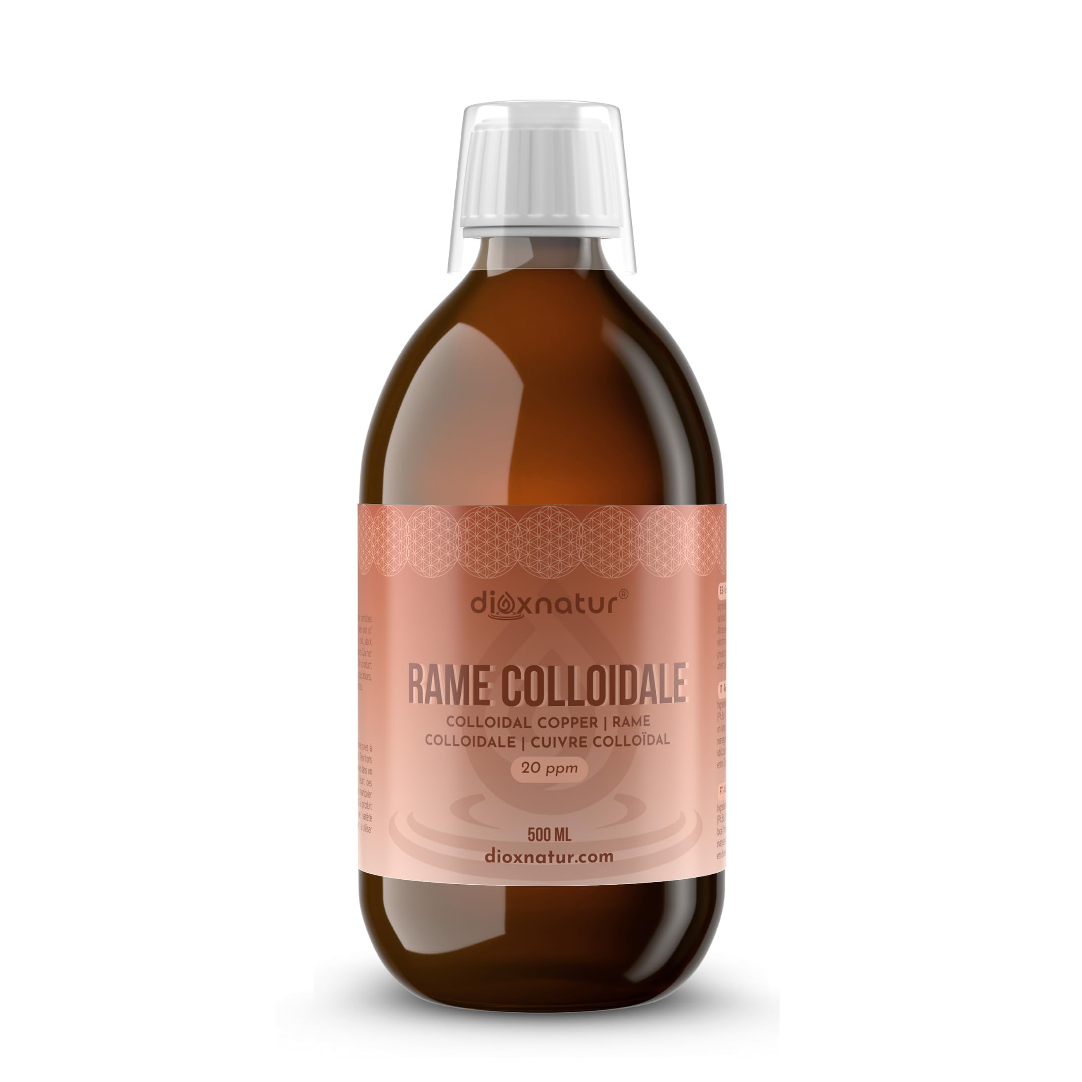 Rame Colloidale 500 ml - 20 ppm - 99,99% Purezza - Soluzione Liquida con Acqua Bidistillata - Flacone Vetro Ambra con Bicchierino Graduato