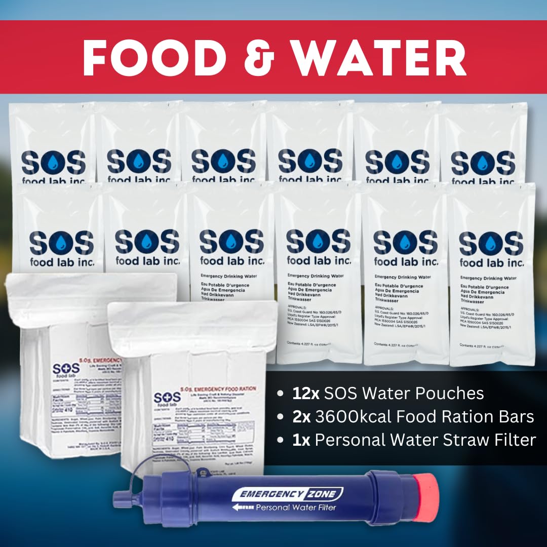 Emergency Zone The Essentials - Kit completo de supervivencia de 72 horas, prepara a tu familia para huracanes, terremotos, inundaciones, desastres de emergencia, bolsa de viaje disponible en 2 y 4