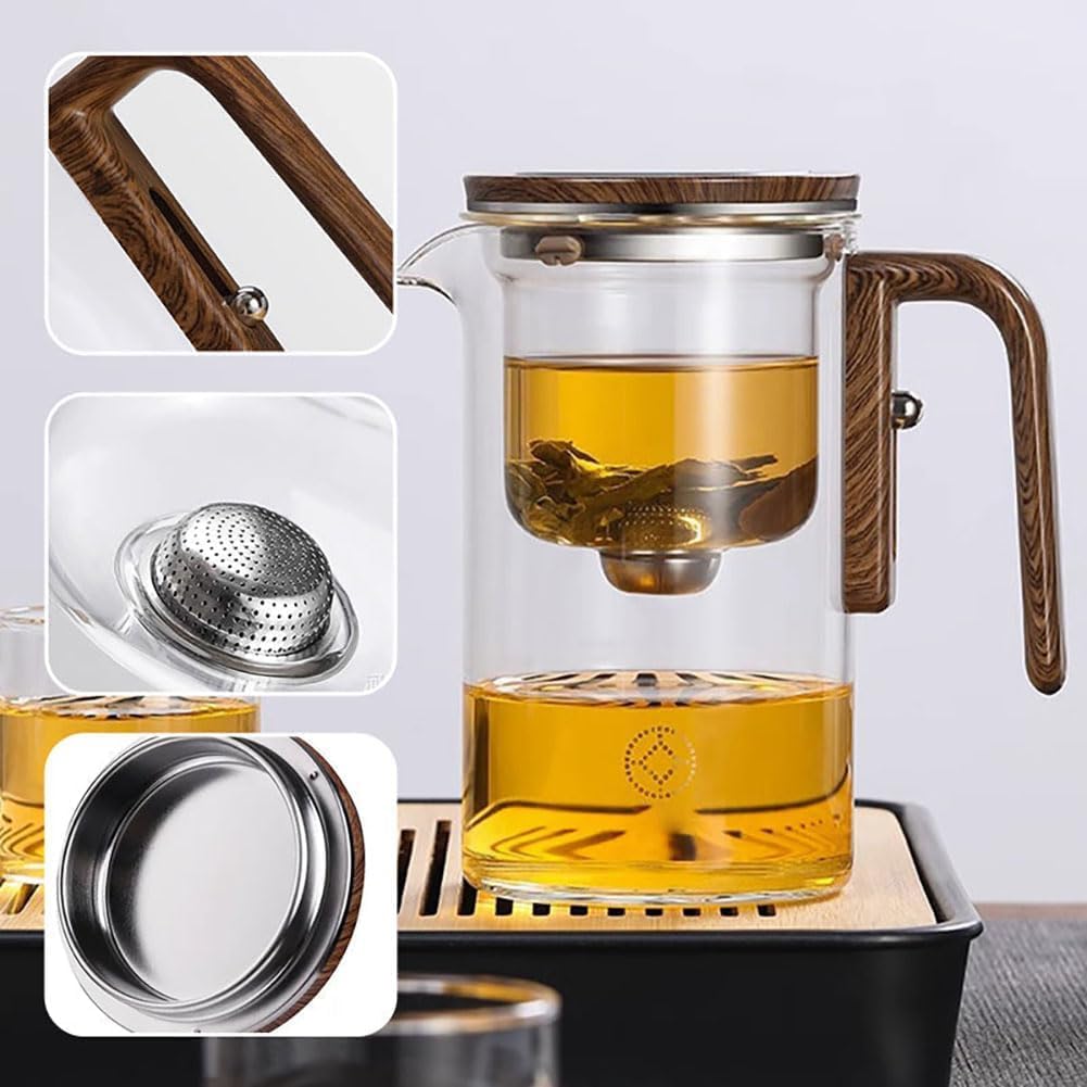 Wassertrennende Glasteekanne, Wassertrennende Glasteekanne mit Holzgriff, Druckkontrolle, magische Teekanne aus Glas, magnetische Filterteekanne mit zwei Sieben (720ml)