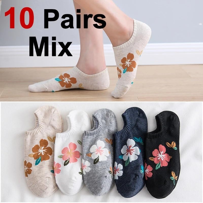 Calzini Invisibili con Motivo Floreale, Primaverili ed Estivi, Traspiranti, Morbidi e Comodi, Lavorati a Maglia, Casual(10 Pairs Mix)