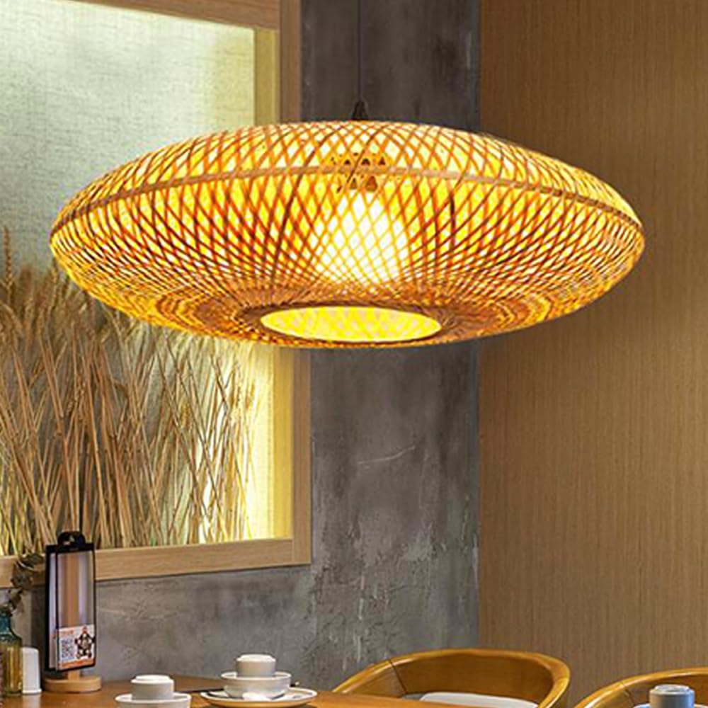 Bambusowa lampa wisząca w stylu vintage, lampa wisząca na stół jadalny, lampa rattanowa regulowana wysokość, drewniany klosz E27, styl retro, idealny do jadalni, c