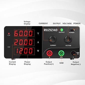 DC Power Supply Variable, 60V 20A 1200W High Power Bench Adjustable Switching Regulated Power Supplies with Encoder Knob & Output Switch for Electroplating/Repair/Test, 4-Digits LED Display